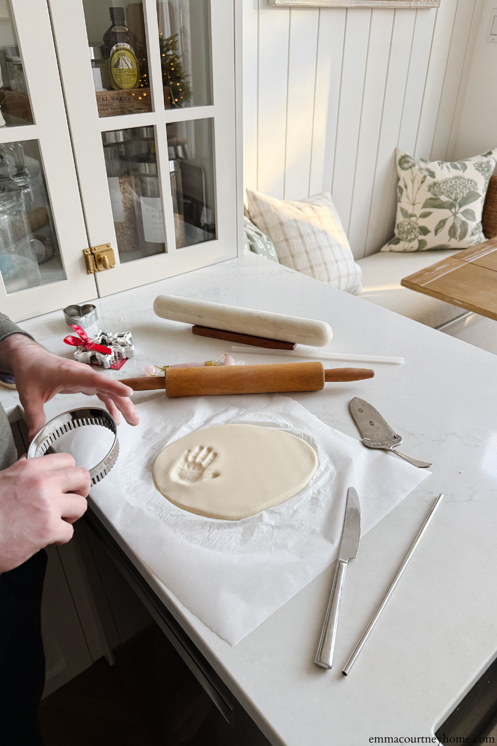 A close look at the handprint before cutting. Salt dough captures newborn details beautifully and makes a perfect baby keepsake ornament.