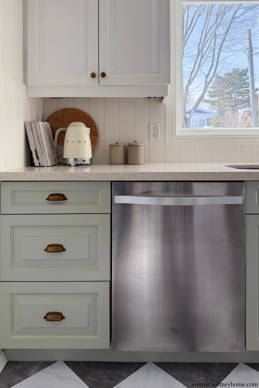 Close up of beadboard backsplash and painted cabinets with new hardware