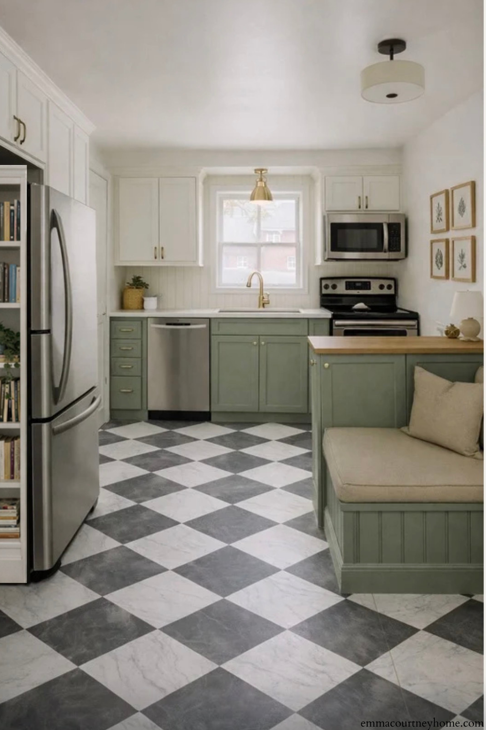 AI mockup of a budget-friendly kitchen makeover showing painted cabinets, a peninsula, and a breakfast nook