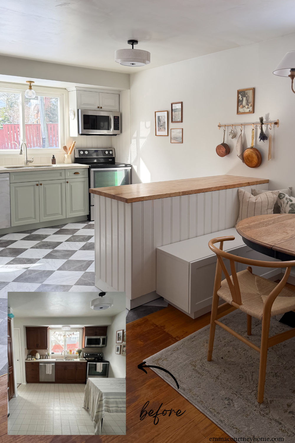 Before and After of the kitchen project with new peninsula, beadboard backsplash, flooring, and painted cabinets.